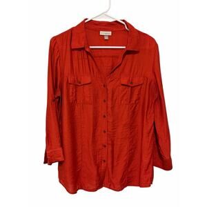 Roz & Ali Women's Medium Coral Red Long Sleeve Button Up Pocket Collared Blouse